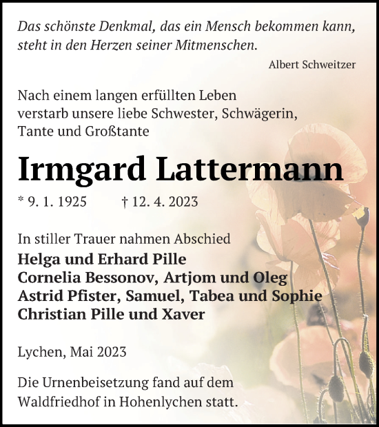 Traueranzeige von Irmgard Lattermann von Templiner Zeitung