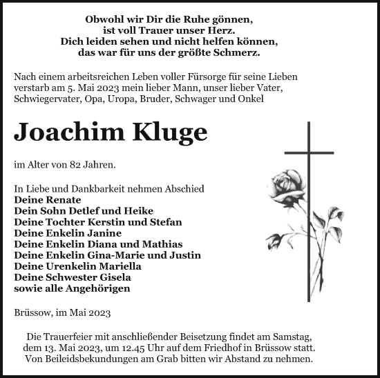 Traueranzeige von Joachim Kluge von Pasewalker Zeitung