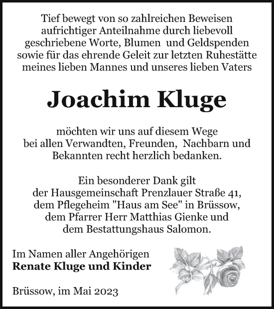 Traueranzeige von Joachim Kluge von Pasewalker Zeitung