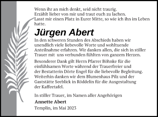 Traueranzeige von Jürgen Abert von Templiner Zeitung