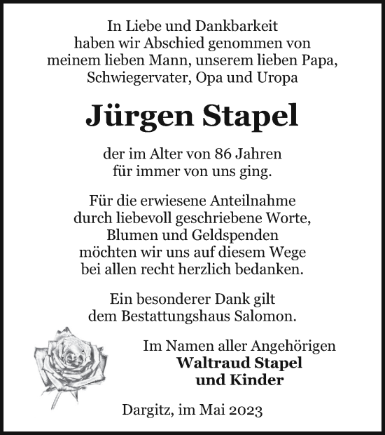 Traueranzeige von Jürgen Stapel von Pasewalker Zeitung