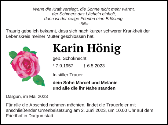 Traueranzeige von Karin Hönig von Mecklenburger Schweiz