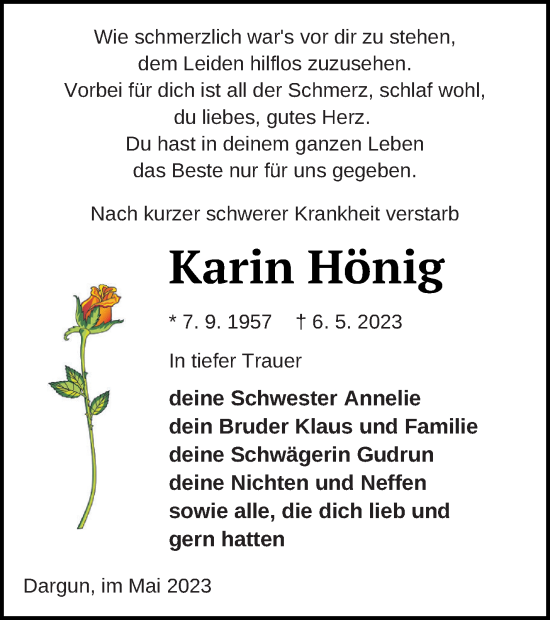 Traueranzeige von Karin Hönig von Mecklenburger Schweiz