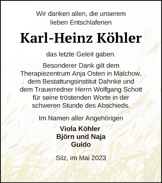 Traueranzeige von Karl-Heinz Köhler von Müritz-Zeitung