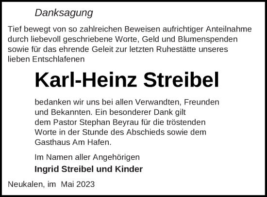 Traueranzeige von Karl-Heinz Streibel von Mecklenburger Schweiz