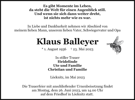 Traueranzeige von Klaus Balleyer von Pasewalker Zeitung