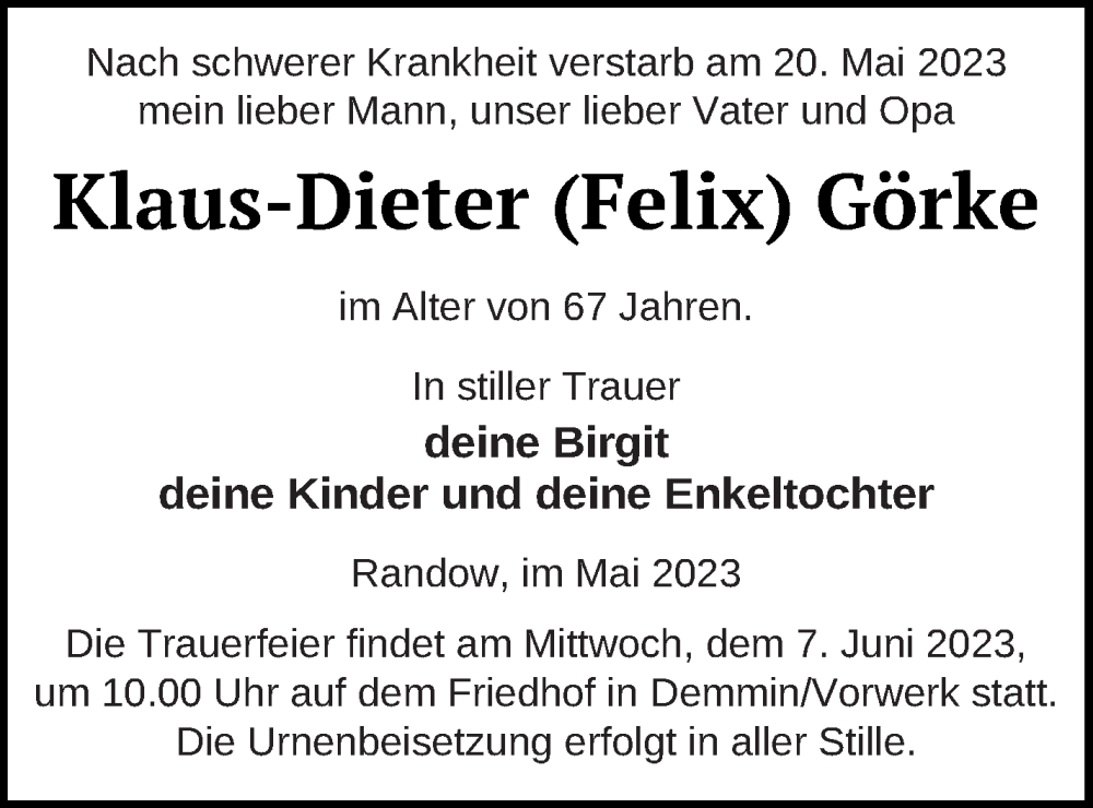  Traueranzeige für Klaus-Dieter Görke vom 24.05.2023 aus Demminer Zeitung
