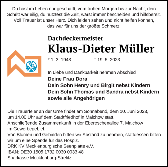 Traueranzeige von Klaus-Dieter Müller von Müritz-Zeitung
