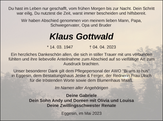 Traueranzeige von Klaus Gottwald von Haff-Zeitung