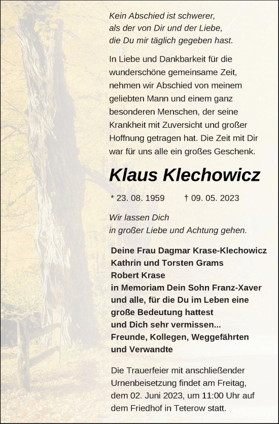 Traueranzeige von Klaus Klechowicz von Mecklenburger Schweiz