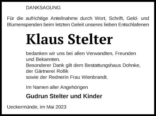 Traueranzeige von Klaus Stelter von Haff-Zeitung