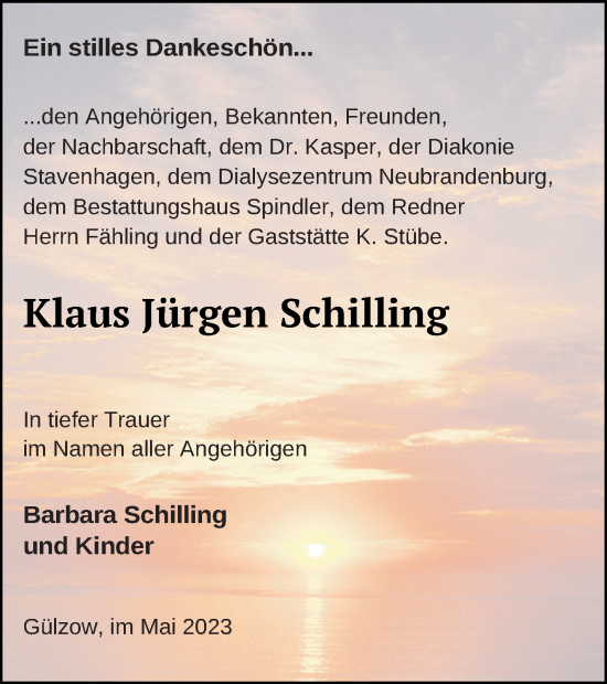 Traueranzeige von Klaus Jürgen Schilling von Mecklenburger Schweiz