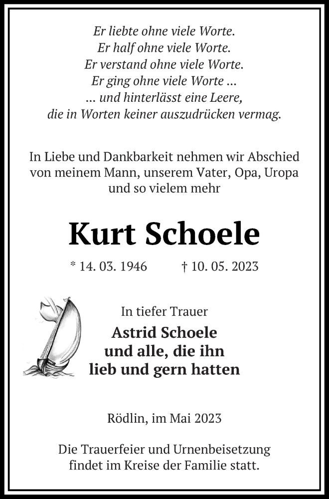  Traueranzeige für Kurt Schoele vom 16.05.2023 aus Strelitzer Zeitung