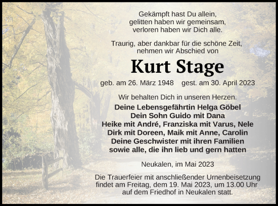 Traueranzeige von Kurt Stage von Mecklenburger Schweiz