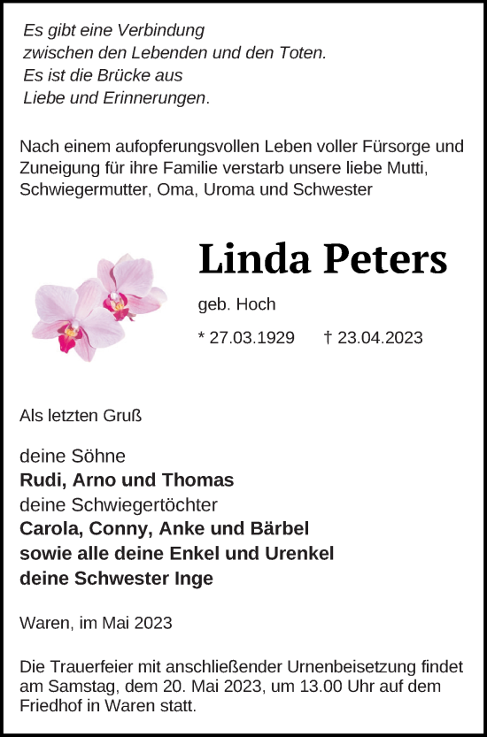 Traueranzeige von Linda Peters von Müritz-Zeitung