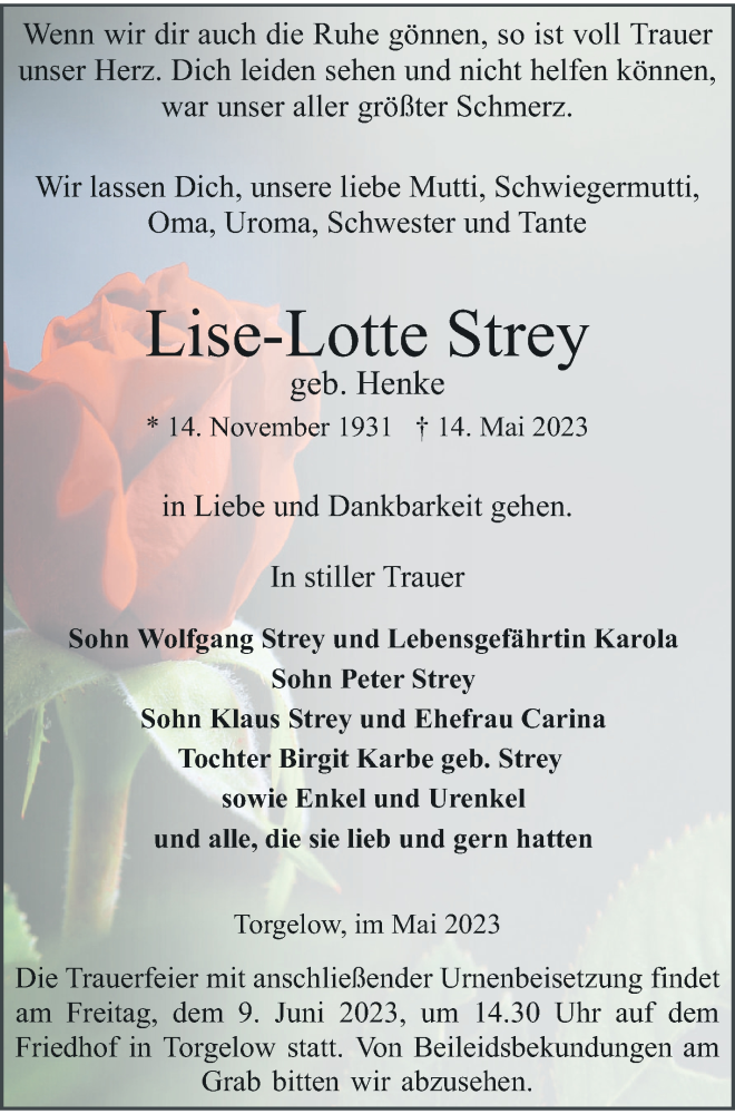  Traueranzeige für Lise-Lotte Strey vom 26.05.2023 aus Haff-Zeitung