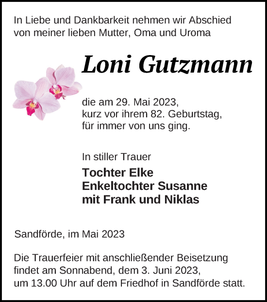 Traueranzeige von Loni Gutzmann von Pasewalker Zeitung