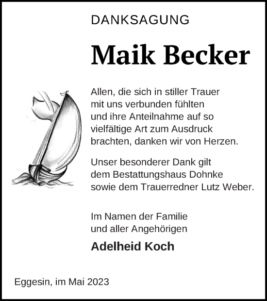 Traueranzeige von Maik Becker von Haff-Zeitung