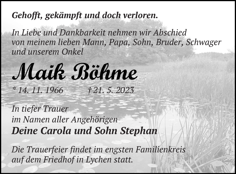  Traueranzeige für Maik Böhme vom 24.05.2023 aus Templiner Zeitung