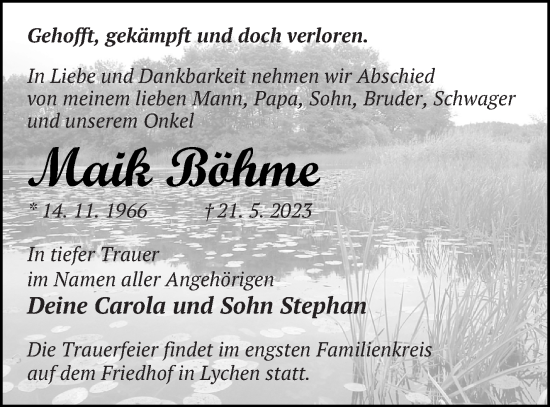 Traueranzeige von Maik Böhme von Templiner Zeitung