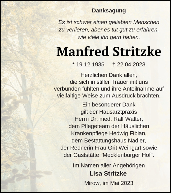 Traueranzeige von Manfred Stritzke von Strelitzer Zeitung