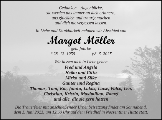 Traueranzeige von Margot Möller von Müritz-Zeitung