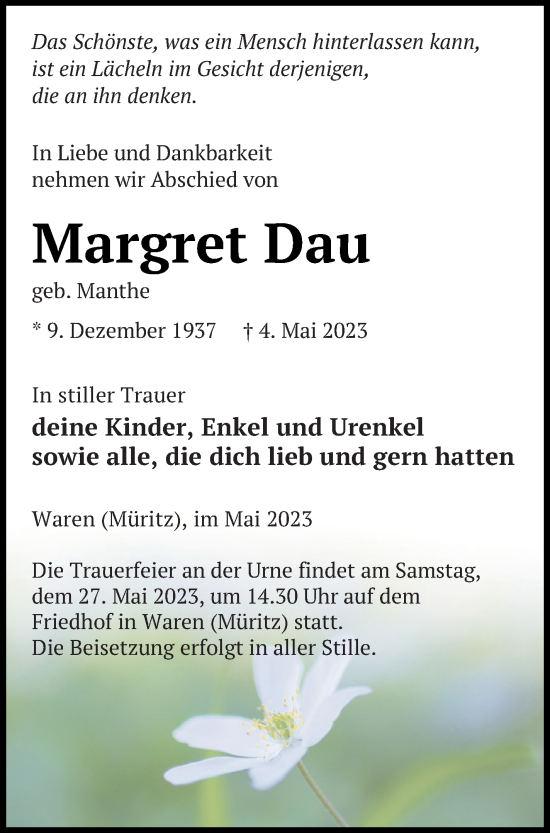 Traueranzeige von Margret Dau von Müritz-Zeitung