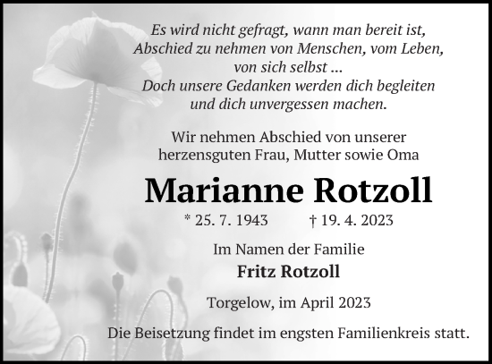 Traueranzeige von Marianne Rotzoll von Haff-Zeitung