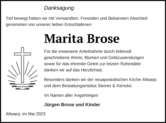 Traueranzeige von Marita Brose von Haff-Zeitung