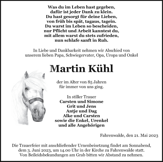 Traueranzeige von Martin Kühl von Pasewalker Zeitung