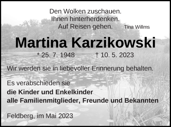 Traueranzeige von Martina Karzikowski von Strelitzer Zeitung