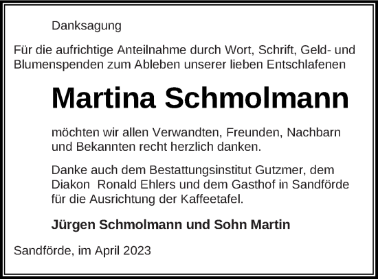 Traueranzeige von Martina Schmolmann von Haff-Zeitung