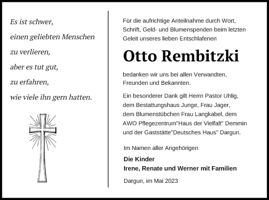 Traueranzeige von Otto Rembitzki von Mecklenburger Schweiz