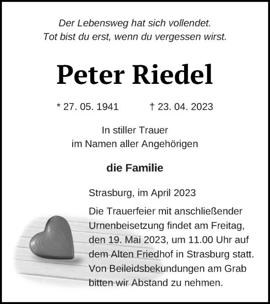 Traueranzeige von Peter Riedel von Pasewalker Zeitung