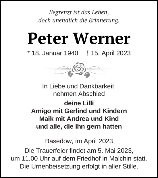 Traueranzeige von Peter Werner von Mecklenburger Schweiz