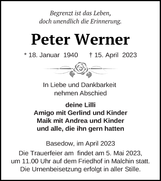 Traueranzeige von Peter Werner von Mecklenburger Schweiz