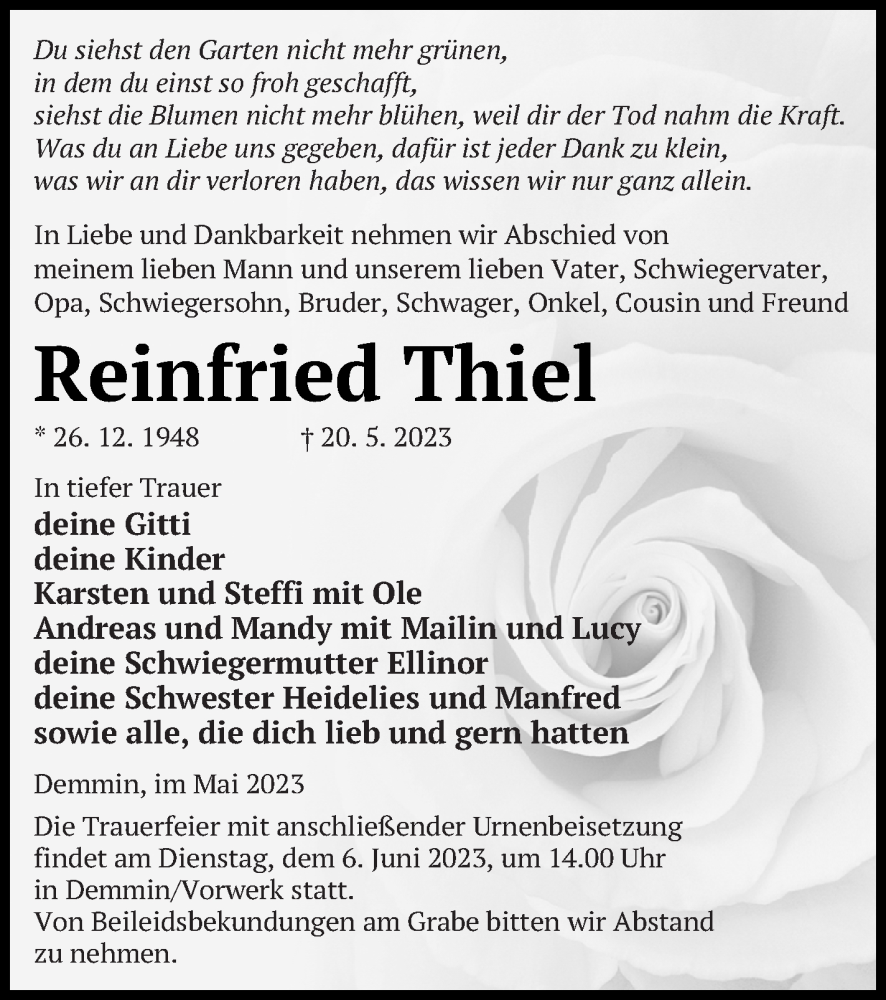  Traueranzeige für Reinfried Thiel vom 24.05.2023 aus Demminer Zeitung