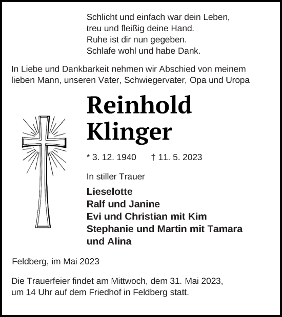 Traueranzeige von Reinhold Klinger von Strelitzer Zeitung