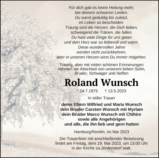 Traueranzeige von Roland Wunsch von Mecklenburger Schweiz