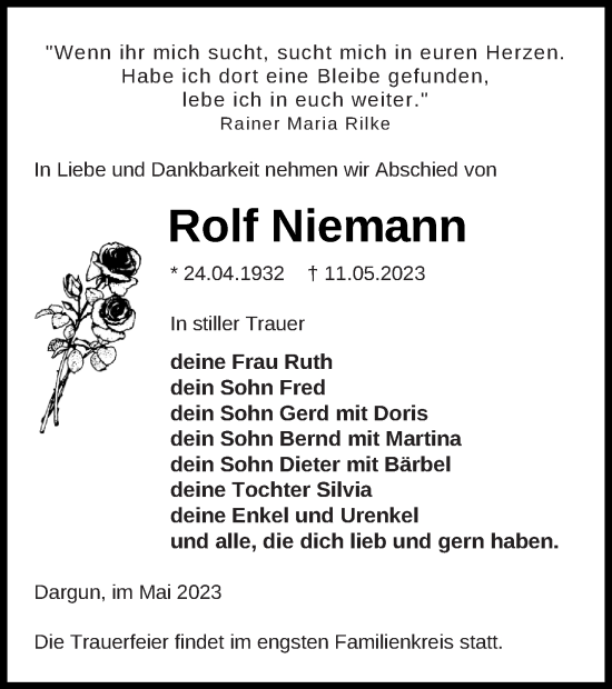 Traueranzeige von Rolf Niemann von Mecklenburger Schweiz