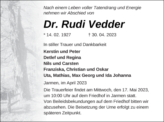 Traueranzeige von Rudi Vedder von Vorpommern Kurier