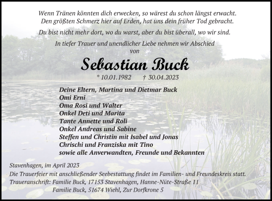 Traueranzeige von Sebastian Buck von Mecklenburger Schweiz