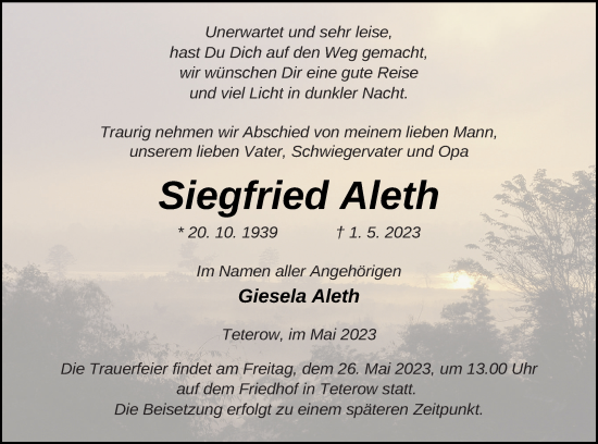 Traueranzeige von Siegfried Aleth von Mecklenburger Schweiz