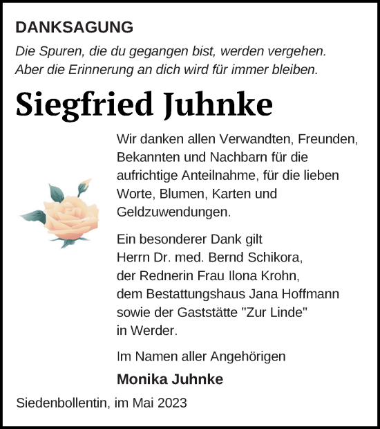 Traueranzeige von Siegfried Juhnke von Neubrandenburger Zeitung