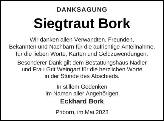 Traueranzeige von Siegtraut Bork von Müritz-Zeitung