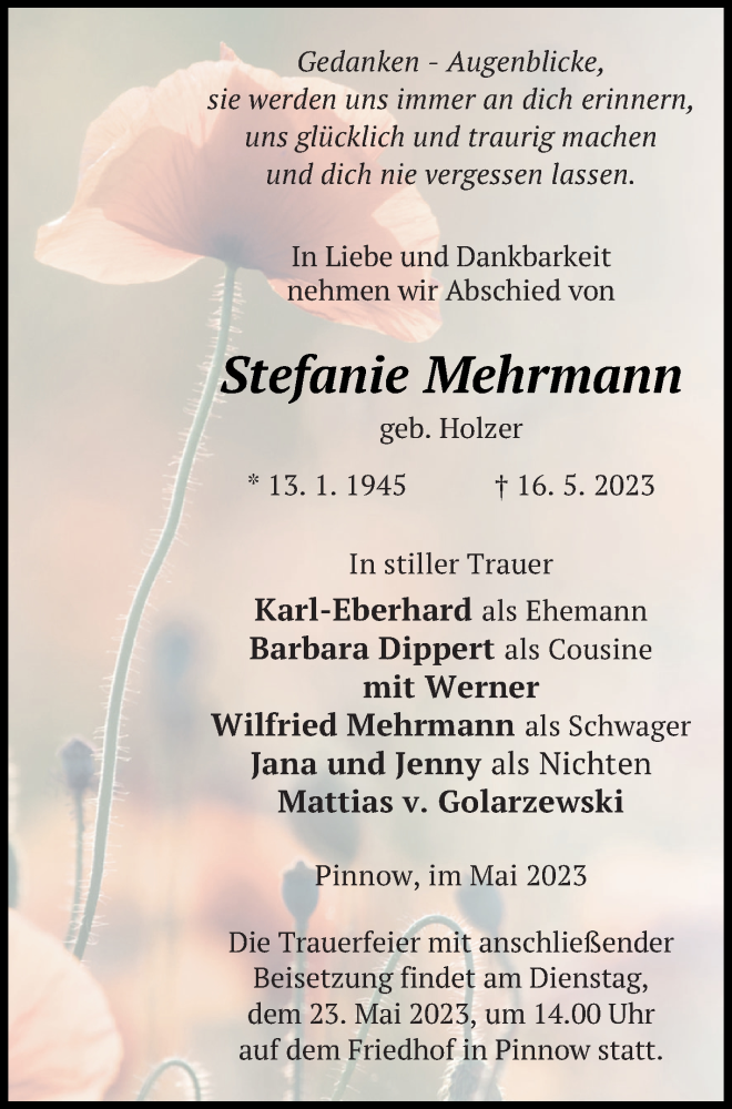 Traueranzeige für Stefanie Mehrmann vom 20.05.2023 aus Prenzlauer Zeitung