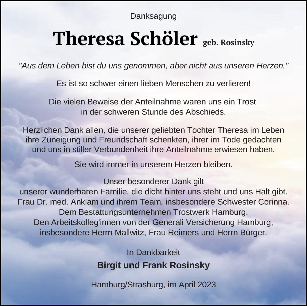  Traueranzeige für Theresa Schöler vom 06.05.2023 aus Pasewalker Zeitung