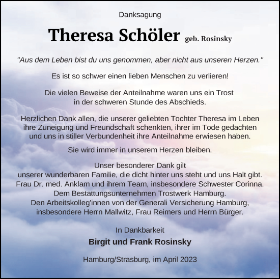 Traueranzeige von Theresa Schöler von Pasewalker Zeitung