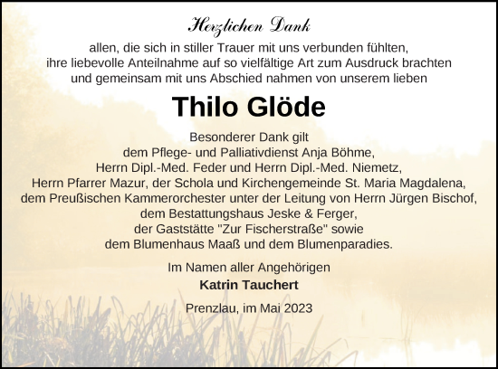 Traueranzeige von Thilo Glöde von Prenzlauer Zeitung