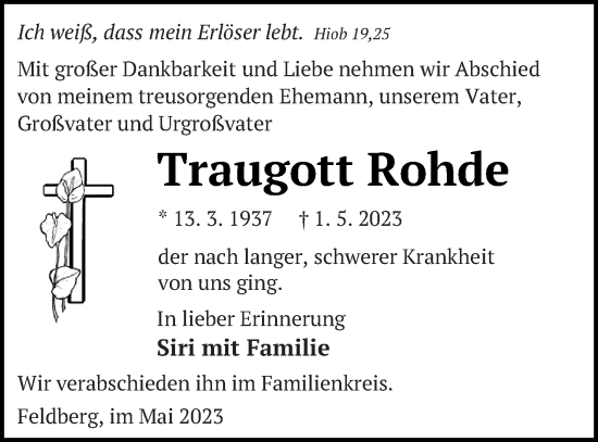 Traueranzeige von Traugott Rohde von Strelitzer Zeitung